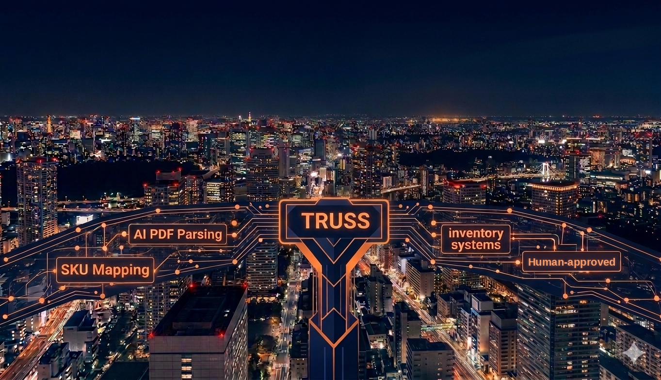 Truss AI circuit board diagram — AI PDF parsing, SKU mapping, inventory systems, human-approved connecting to a central Truss logo